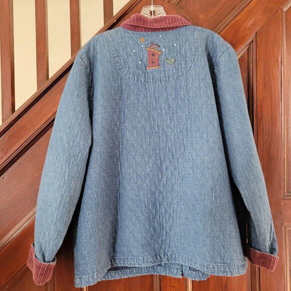 Christopher Banks Quilted Denim Jacket Corduroy Trim Snowman Embroidery Medium - Picture 8 of 11